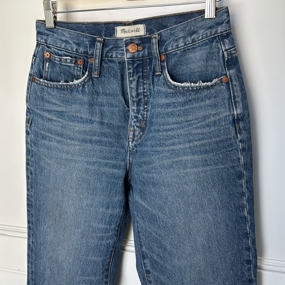 Madewell Petite Classic Straight Leg Jeans Jade Wash Knee-Rip Edition size 26 - Picture 5 of 16